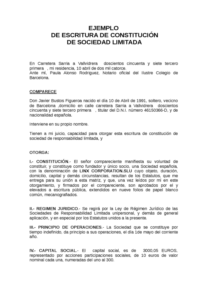 Constitución De Una Empresa: Ejemplo Práctico En Formato PDF